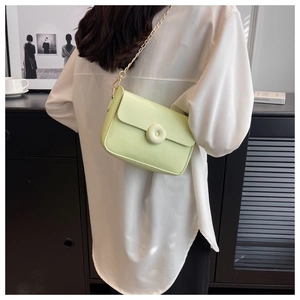 Pale green mini flap crossbody bag with gold chain strap shown on person in a casual setting