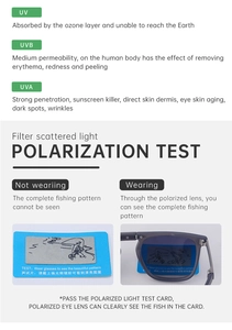 Close-up of polarized sunglasses showing UV protection and lens test card function
