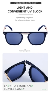 Detail view of folding square polarized sunglasses showing frame open and folded states