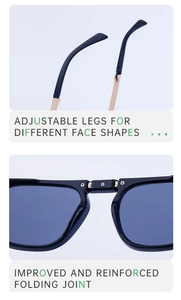 Detail of adjustable temples and reinforced metal folding joints on square sunglasses
