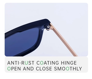 Detail view of anti-rust coating metal hinges on foldable square polarized sunglasses