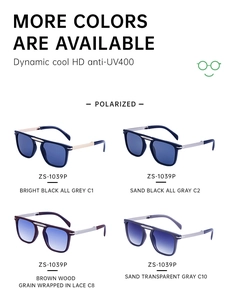Detail view of retro square folding polarized sunglasses in C1, C2, C8 and C10 colors