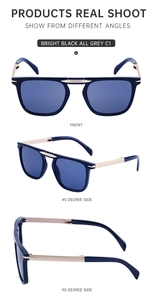 Three-way view of vintage square folding sunglasses with bright black frame and metal temples