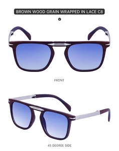 Front and 45-degree side views of foldable brown wood grain sunglasses with blue lenses