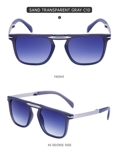 Front and side views of square matte transparent gray sunglasses with blue gradient lenses