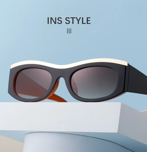 Close-up of stylish wide-frame cat-eye sunglasses with elegant gold top trim