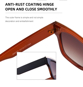 Detail view of smooth metal hinges and amber acetate temples on fashion sunglasses