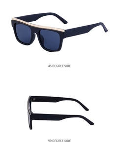 Cat eye sunglasses with golden metal top trim shown from 45 and 90 degree side angles