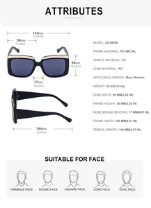 Spécifications détaillées des tailles de lunettes de soleil carrées en PC et métal