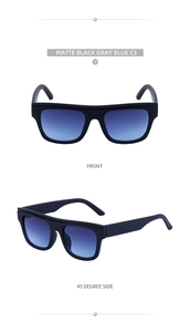 Detail view of matte black cat eye sunglasses with gray blue gradient lenses