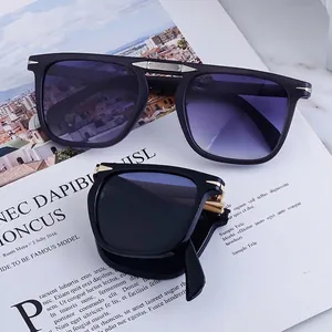 Foldable square polarized sunglasses with purple gradient lenses and silver metal bridge