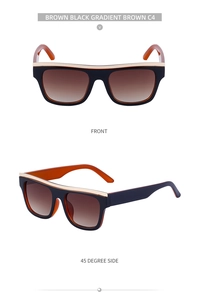 Cat-eye sunglasses with gold top bar and brown black gradient lenses shown from two angles