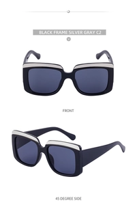 Vues frontale et latérale de lunettes de soleil carrées noires avec garniture argent