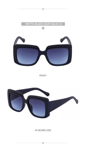 Vue de face et de profil de lunettes de soleil carrées noir mat avec verres dégradés