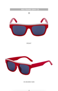 Front and 45-degree side view of red cat-eye sunglasses with silver brow bar detail