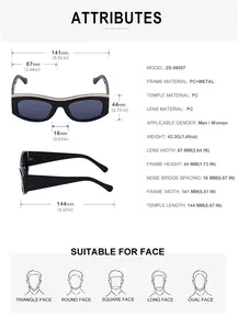 Detailed size chart for cat eye sunglasses with frame width and temple length specifications
