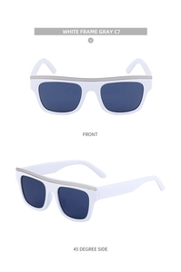 Front and 45-degree side view of white cat-eye sunglasses with silver top metal bar and gray lenses