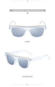 Detailed front and side views of transparent cat-eye sunglasses with silver mirror lenses