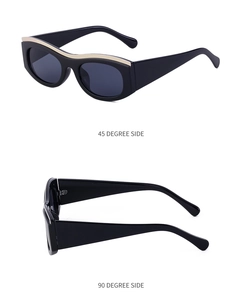 Detail view showing the 45 and 90-degree side profile of wide temple cat eye sunglasses