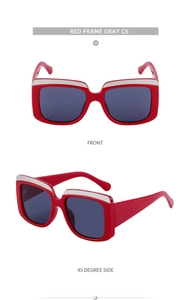 Vues de face et à 45 degrés de lunettes de soleil carrées rouges avec verres gris