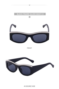 Front and 45-degree side view of vintage cat-eye sunglasses with wide black frame and silver trim