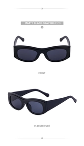 Front and 45-degree side views of matte black cat eye sunglasses with wide temples