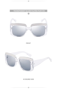Vue détaillée de lunettes de soleil carrées oversize avec monture transparente et verres argent