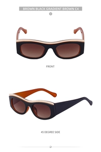 Cat eye sunglasses detail with brown black gradient lenses and wide temples