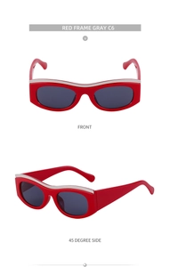 Front and 45-degree side views of red wide-frame cat-eye sunglasses with silver trim