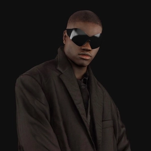 Detail of futuristic Y2K butterfly wrap sunglasses with sleek black lenses and oversized frame