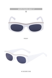 Detail view of white cat-eye sunglasses with gray lenses and silver metal trim accents