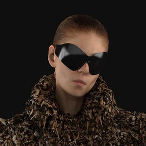 Close-up of Y2K rimless wrap cat-eye sunglasses with gradient lenses on a fashion model