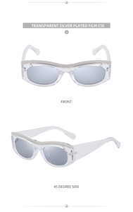 Front and side view of cat eye sunglasses with silver metal trim and mirrored lenses
