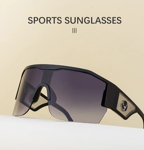 Detail view of sports sunglasses featuring a silver metallic deer logo on the temple