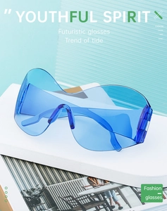 Detail of blue futuristic shield sunglasses on a white minimalist display stand
