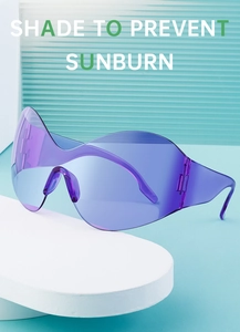 Detail of rimless Y2K sunglasses with purple gradient lenses on a white pedestal