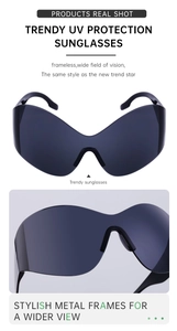 Detail of Y2K frameless sports sunglasses with UV protection and metal frames