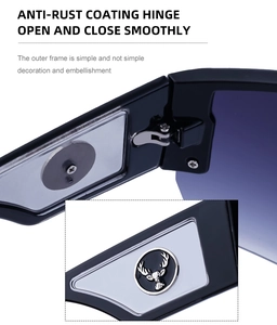 Detail of anti-rust metal hinge and silver deer emblem on Y2K cycling sunglasses