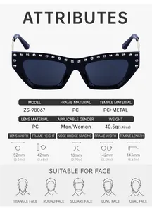 Detailed size specifications for cat-eye sunglasses with rhinestones and metal temples
