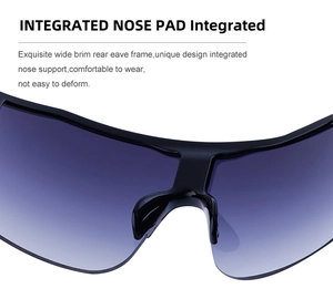 Detail view of integrated nose pads and purple gradient lens on Y2K sporty sunglasses