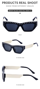 Detailed views of cat-eye sunglasses with rhinestone studs and gold metal temples
