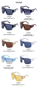 Detailed grid showing nine color options of oversized Y2K wrap-around sports sunglasses