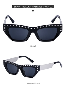 Detail of cat-eye sunglasses with rhinestone-encrusted black frame and silver metal temples
