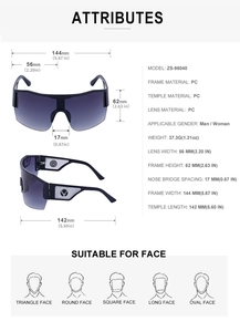 Detailed size specifications of Y2K half-frame oversized sporty sunglasses with lens dimensions