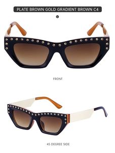 Detail view of retro cat-eye sunglasses with rhinestone edges and gold-tone metal temples