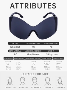Detailed size specifications for WK-68153 Y2K oversized rimless shield sunglasses