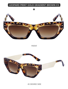 Detailed views of leopard cat eye sunglasses with gold rhinestones and gradient lenses