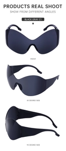 Three-view detail of frameless Y2K sports sunglasses in black gray showing multiple angles