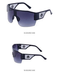 Detail showing 45 and 90 degree side views of Y2K sunglasses with silver deer logo