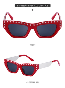 Detailed front and side view of cat eye sunglasses with rhinestones and silver temples